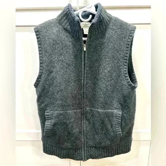 LL Bean Sweater Vest Mens Medium Grey 100% Lambs’ Wool Full Zip Fleece Lined - Picture 1 of 7